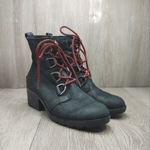 SOREL Cate Lace Booties Black Leather Waterproof  D-ring Rain LL5361-010 US 8